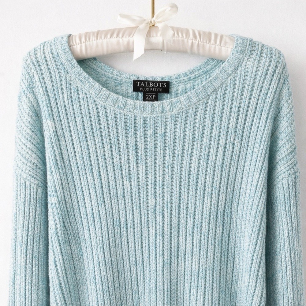 Talbots Plus 2X Petite Open Stitch Knit Sweater Cotton Light Blue Pullover